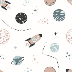 Cute cartoon space and rocket seamless pattern. Creative kids texture for fabric, textile, wallpaper, wrapping, kids apparel, baby  product. Vector illustration