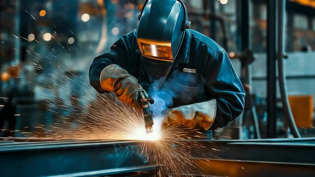  factory industrial worker welding steel with sparkle and smoke
