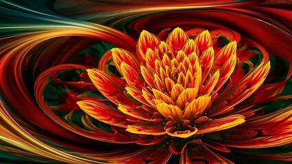 Beautiful fractal flower in yellow and red. Computer generated graphics.
