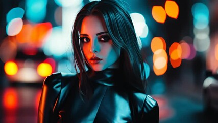 elegance woman wearing futuristic body suit standing at night urban city street