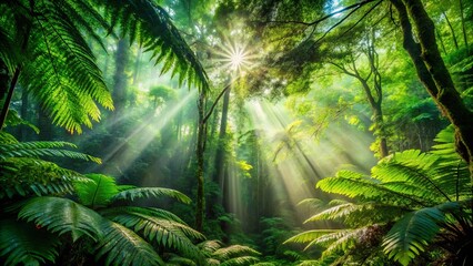 Obraz premium Sunlight Dappled Through a Verdant Canopy of Lush Foliage, Illuminating the Forest Floor with Golden Rays