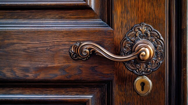 Close-up of a custom bronze door handle with intricate detailing, set against a backdrop of rich wood paneling, creating an elegant and refined visual