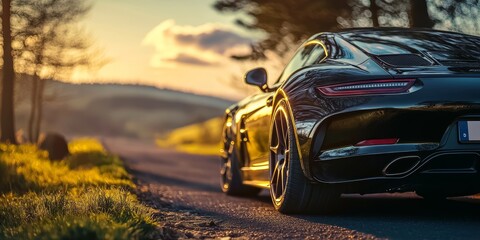 Elegant Sports Car with Carbon Fiber Accents at Sunset