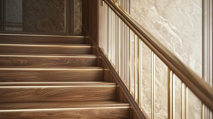 Close-up of a custom wooden staircase with gold handrails and a marble wall in the background The fine craftsmanship is showcased in this detailed luxury shot