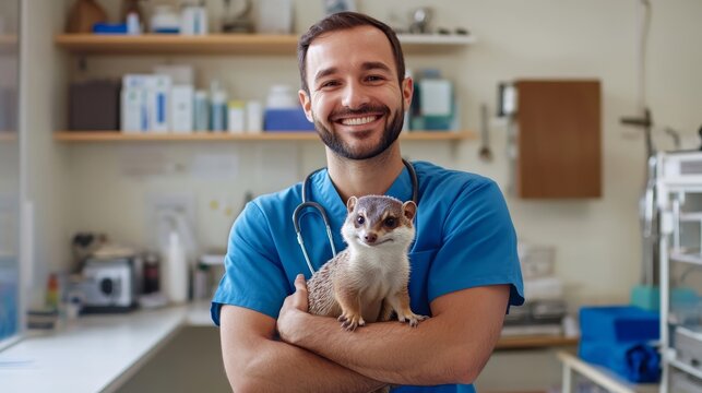 Compassionate Male Doctor Embracing Mongoose in Brightly Lit Veterinary Office - Powered by Adobe
