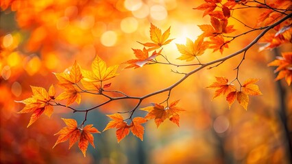 Golden Autumn Leaves Bathed in Warm Sunlight, Delicate Branch Reaching Towards the Sky