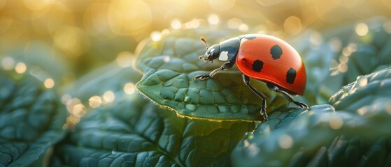 A ladybug sits on a leaf in the sun. AI.