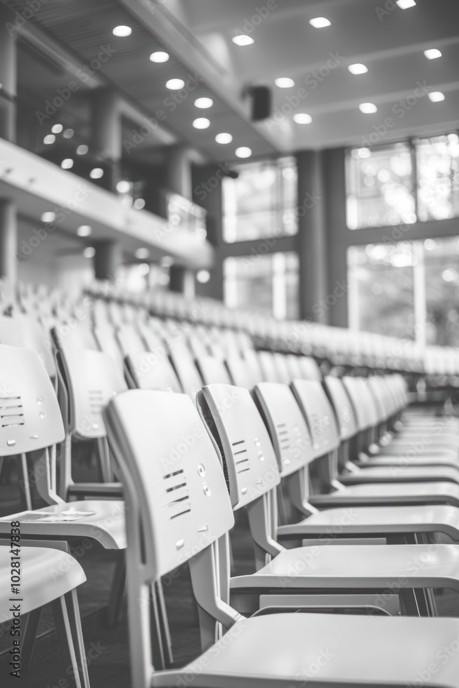Poster rows of empty chairs in a large auditorium. ai.