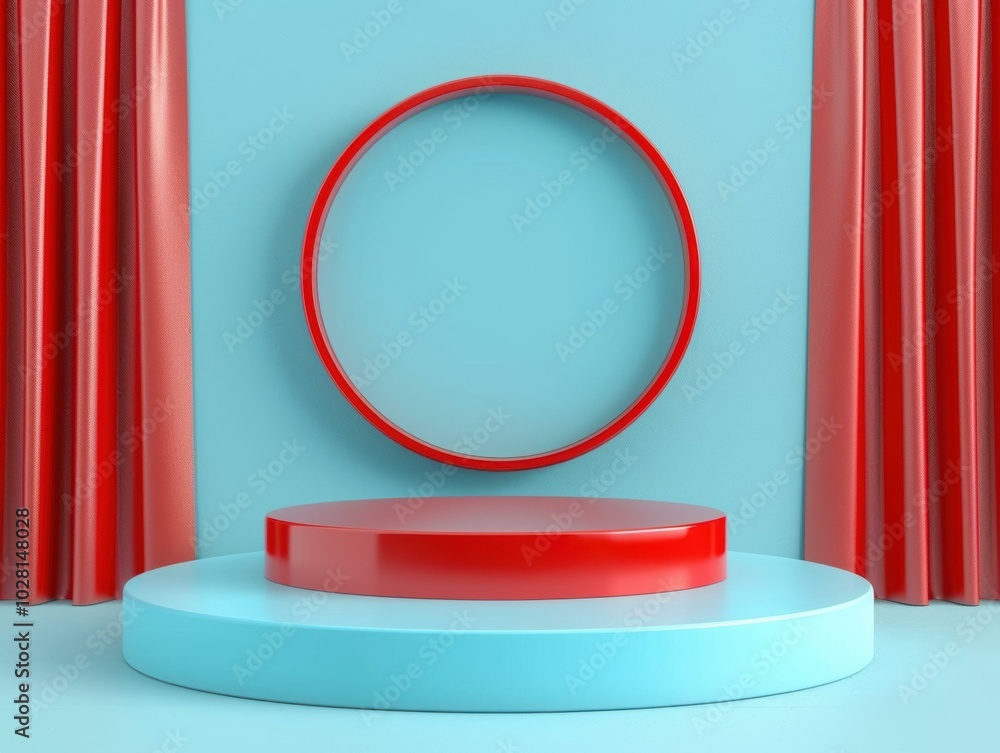 Poster a minimalist design with a red circle and a two-tiered platform. ai.
