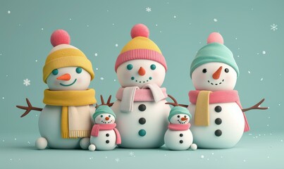 A family of snowmen stand together in the snow. AI.
