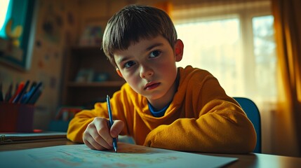 Young student in bright yellow sweater concentrating on homework at desk, illuminated by warm afternoon light streaming through window, classroom setting.