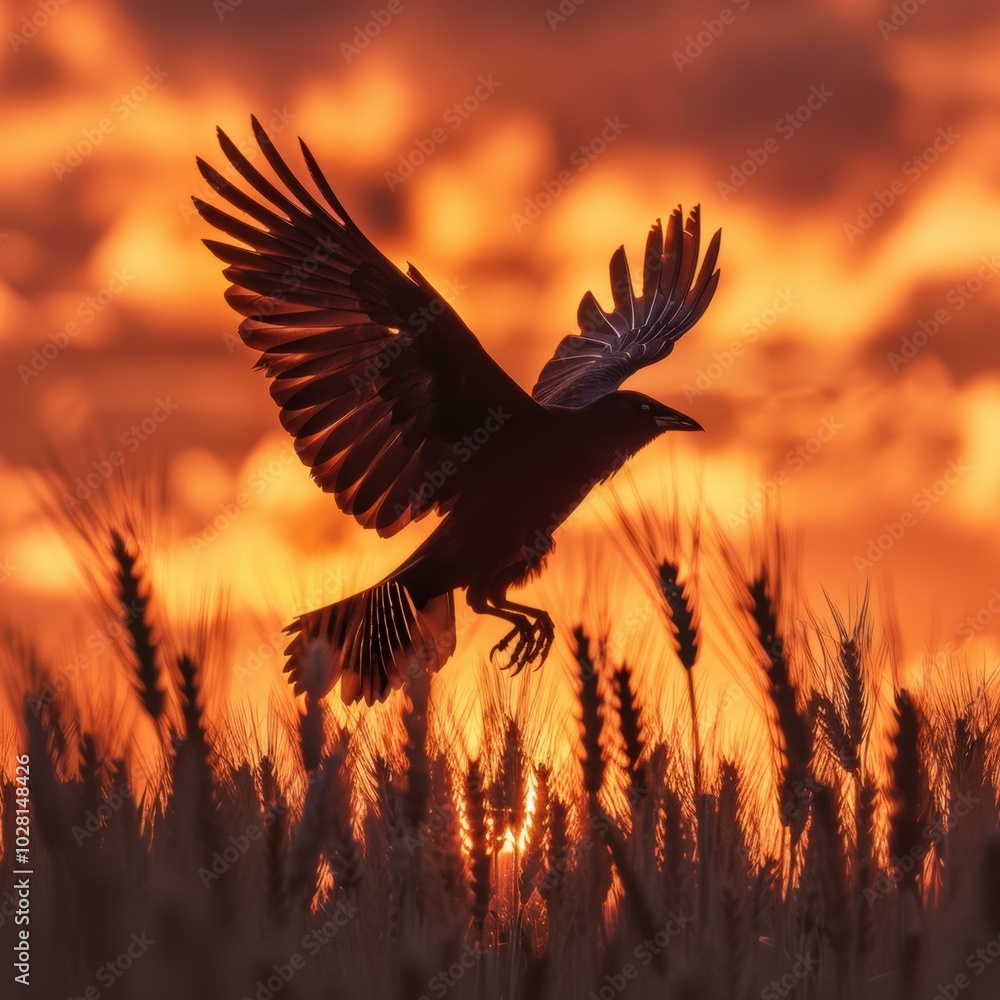 Canvas Prints A crow in silhouette against a sunset sky. AI.