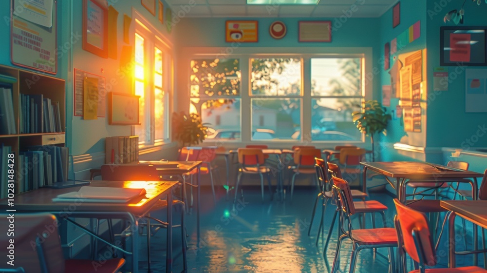 Sticker Sunset light streaming through the windows of an empty classroom. AI.