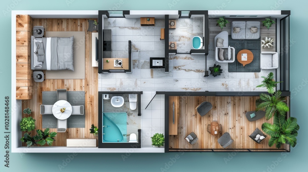 Poster a top-down view of a modern apartment with multiple rooms and a balcony. ai.