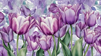 Obraz premium Purple and blue tulips watercolor illustration set. Seamless background pattern. Fabric wallpaper print texture.