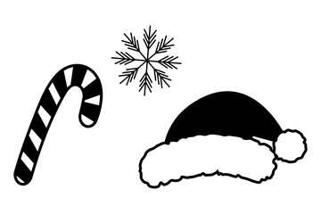 Striped Candy Cane, snowflake and Santa cap Black and White Christmas greeting or New Year elements