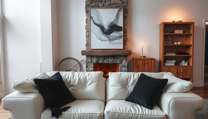 Beige sofa with plaid and fur cushion against of fireplace. Hygge, scandinavian interior design of modern living room.