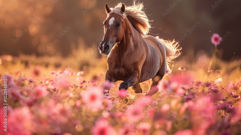 Wall mural A horse runs through a field of flowers. AI.