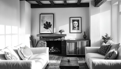 Beige sofa with plaid and fur cushion against of fireplace. Hygge, scandinavian interior design of modern living room.