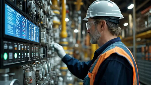 engineer wearing safety cap and shirt working on control panel at industrial factory