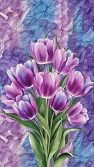 Obraz premium Purple and blue tulips watercolor illustration set. Seamless background pattern. Fabric wallpaper print texture.