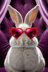 Fototapeta premium Rabbit with pink heart-shaped sunglasses seated before purple throne