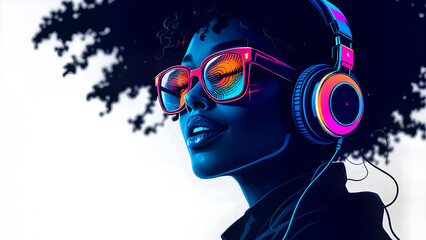Groovy Vibes:  A stylized portrait of a young Black woman enjoying music with vibrant headphones and sunglasses.  The illustration features bold colors and a modern aesthetic. 