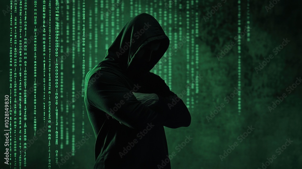 Poster mysterious hacker in a green matrix