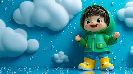 Charming Boy Character in Green Raincoat Surrounded by Clouds