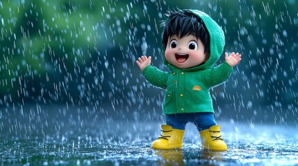 Charming Young Boy in Green Raincoat Enjoying Rain