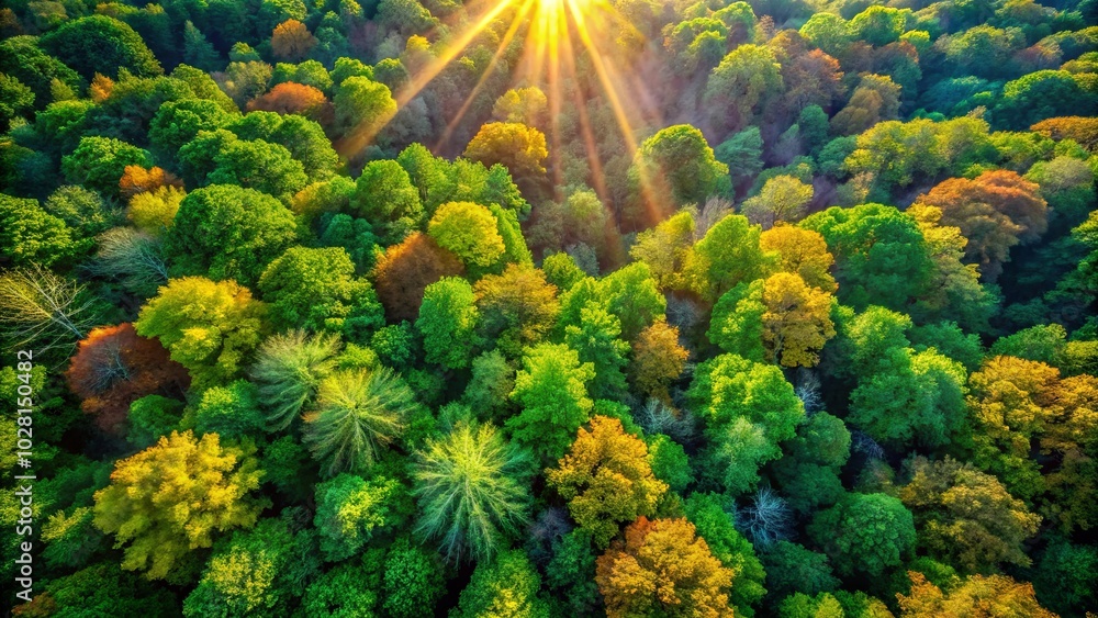 Sticker An aerial view of a forest canopy with sunlight illuminating the leaves, revealing a vibrant tapestry of green, yellow, and orange hues.