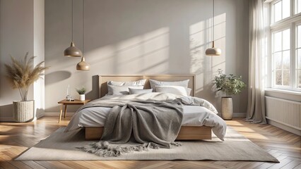 A serene and minimalist bedroom with soft natural light streaming through the window, illuminating the plush bedding and creating a cozy atmosphere.