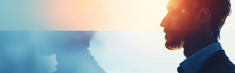 Double Exposure of Businessman Contemplating with Sunrise Overlay - Conceptual Illustration of Reflection and Inspiration