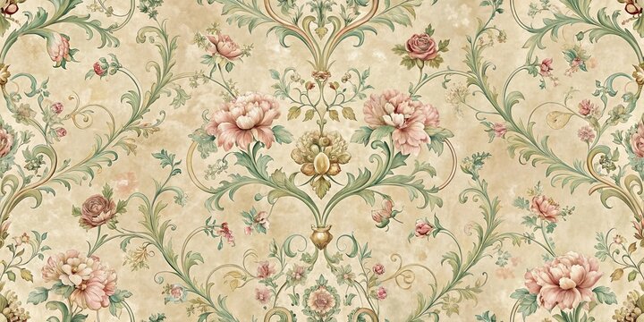A delicate and intricate floral pattern with swirling tendrils and pastel blossoms against a warm cream background.