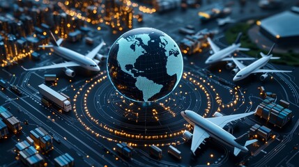Futuristic Global Logistics Scene with Air and Ground Transport