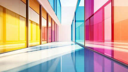 Obraz premium A vibrant corridor featuring colorful glass walls, creating a modern and artistic atmosphere.