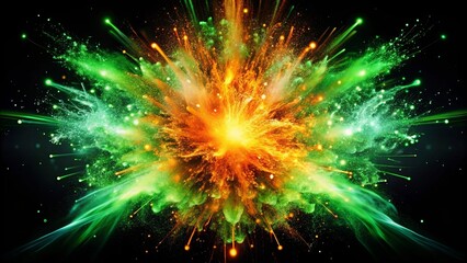 Fototapeta premium A Symphony of Exploding Colors A Vivid Burst of Green and Orange Hues on a Starry Black Canvas