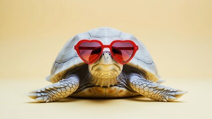 Turtle wearing sunglasses and a red heart shaped hat