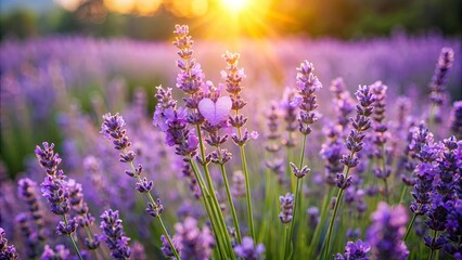 Obraz premium A Heart-Shaped Petal Adorned Among a Field of Lavender Flowers Bathed in the Golden Light of the Setting Sun