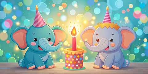 Happy First Birthday Candle with Elephants Baby Boy Greeting Card Vector - Cute Celebration Design with Bokeh Effect for Baby Showers and First Birthdays, Colorful and Cheerful Elements