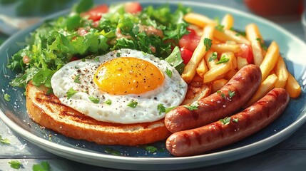 Tasty brunch with grilled sausages and eggs.