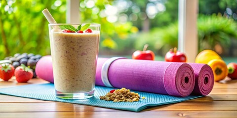Healthy Smoothie with Oats, Yoga Mat, and Dumbbells for Post-Workout Nutrition - Vibrant Double Exposure Photography