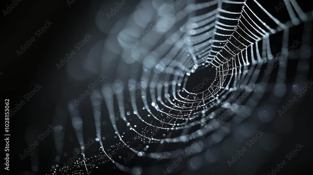 Poster intricate spider web with dew drops in soft focus