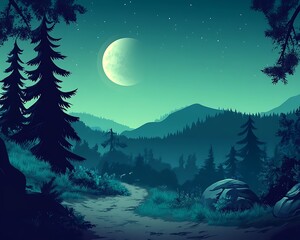 Fototapeta premium Illustration - Mysterious Forest at Night with Moonlight and Dark Hills