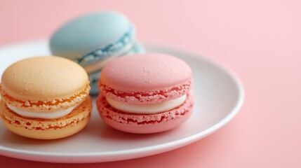 Fototapeta premium Macaroons dessert on a white plate Pink pastel background Copy space Top view : Generative AI