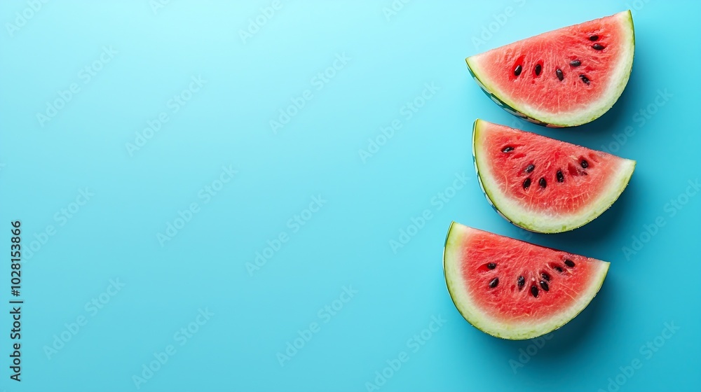 Poster watermelon slices on blue background top view : generative ai