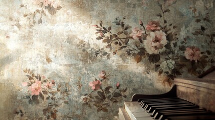 Vintage Melody: Old Music Notes on Floral Wallpaper with Blurred Piano Keys