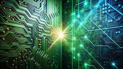 Fototapeta premium A digital circuit board with a luminous glow emanating from the center, connecting two distinct regions of intricate pathways and nodes.