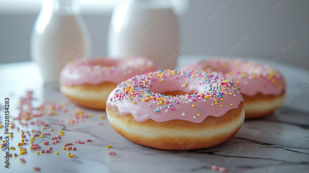 Poster Donuts with bottle of milk on marble table Grey background Close up : Generative AI