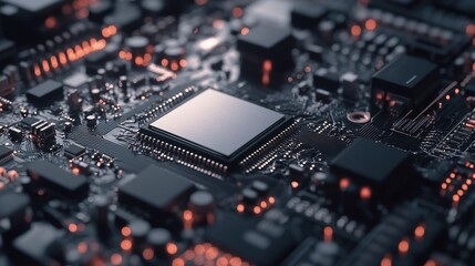 Obraz premium A close-up view of a modern processor, showcasing its intricate circuit design and fine details. The processor is displayed in high-definition, emphasizing its metallic surface, tiny pins, and sleek 